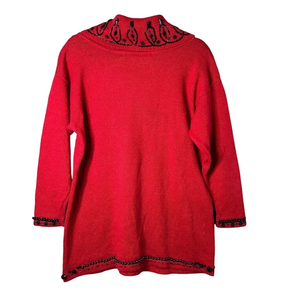 Vintage Victoria Jones Sweater Women S Red Oversized Long Sleeve Pullover Beaded